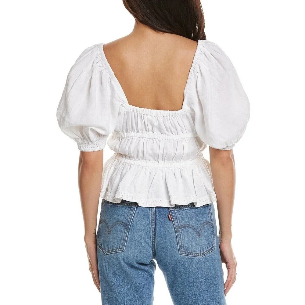 ULLA JOHNSON Harley Crochet-Trimmed Linen Top Size 4 Ivory White